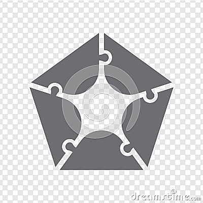 Simple icon polygonal puzzle in gray. Simple pentagon puzzle of five pieces on transparent background. Vector Illustration